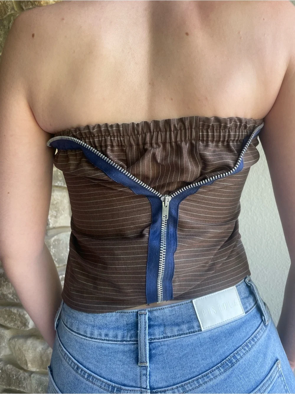 Sleeveless Brown Pinstripe Strapless Tube Top